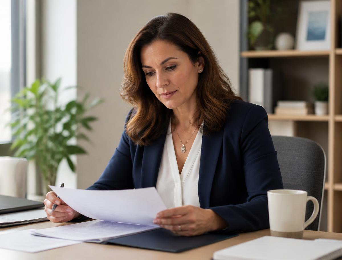 HR advisor reviewing documents at a desk